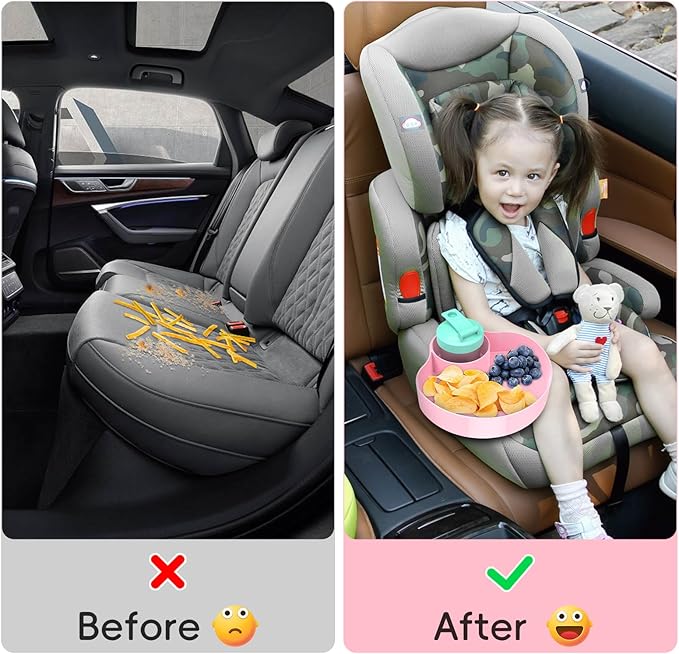 Car Seat Snack Tray for Kids: Kids Car Tray with Cup Holder, 1PCS Toddlers Road Trip Essential, Travel Snacks Food Plate Cup Holder (Pink)