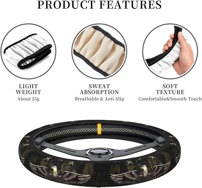 Car Steering Wheel Cover with Anti-Slip Lining, Universal 15 inch Wheel Cover, Fashion Car Interior Accessories for Women Men - Camo Bald Eagle
