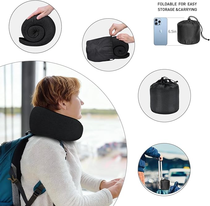 Dujuanus Neck Travel Pillows for Airplanes Memory Foam Neck Comfort Pillow Compact Ergonomic Design Sleeping Essentials for Long Flights Car Rides and Home Use (Black)