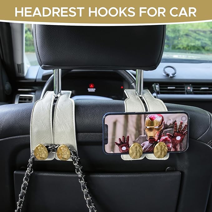 URIZZD 2PCS Leather Car Seat Hooks for Headrest, Vehicle Hanger Storage Organizer Universal for Handbag Purse, Car Accessories Gift (White-Gold)