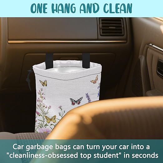 KXWQTRDD Car Garbage Bag Watercolor Butterfly Wildflower Drawstring Car Trash Bag Hanging for Back Seat with Adjustable Buckle Canvas Vehicle Trash Can Easy-to-Install