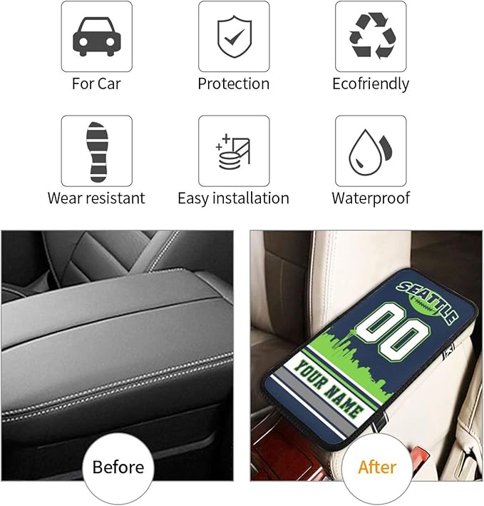 Custom Seattle Car Armrest Covers Personalized Football Style with Name Number Customized Auto Center Console Pad Car Handrail Box Cushion for Most Vehicle Decor Accessories, Fans Gift
