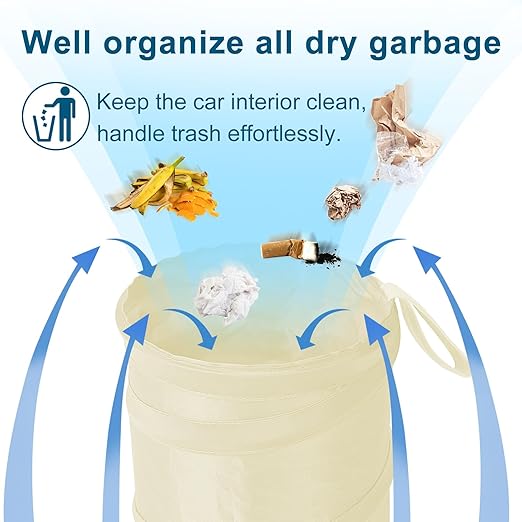 Kincown Car Trash Can, 2 Packs Mini Collapsible Car Trash Bin for Front Back Seat, Pop up Car Garbage Can, Portable Car Trash Bag Hanging for Vehicle SUV Rv Truck Accessories Interior, Beige