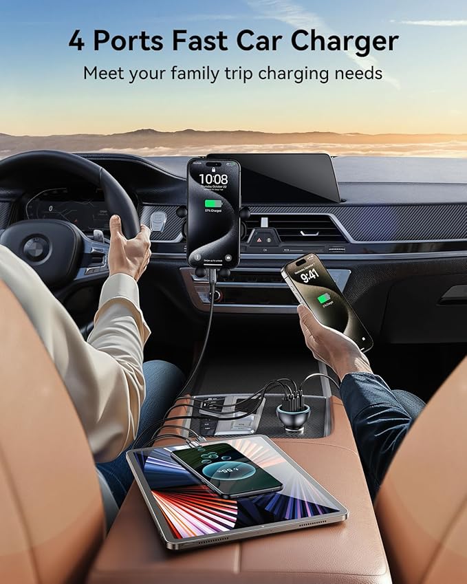 Rocoren 55W 4-Port Car Charger, PD3.0 QC3.0 Super Fast Charging USB C Car Charger for Multiple Devices, Cigarette Lighter Adapter for iPhone 17/16/15/14 Series, iPad Pro, Samsung S25/S24 Ultra, Pixel