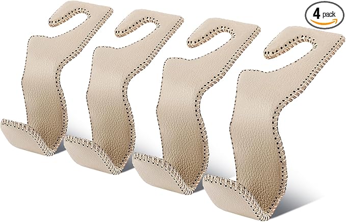 Car Seat Hooks for Purses and Bags, 4 Pack Car Purse Holder for Grocery Bag Handbag Clothes, Metal Headrest Hooks Covered by Leather, Beige