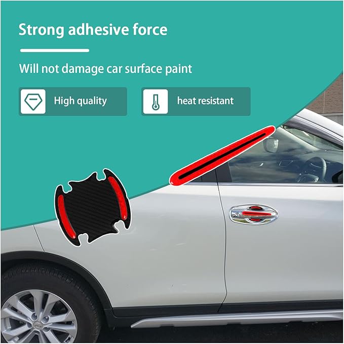 Augeny 8Piece Car Handle Protector Reflective Stickers, Universal 3D Carbon Fiber Auto Handle Paint Guard, Anti-Scratch Bowl Protective Film for Most Cars (Red)