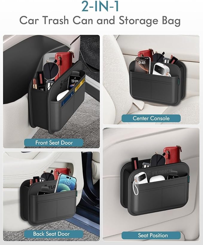 FLORICH Upgrade Car Door Organizer, Small Leather Foldable Hanging Organizer and Trash Can 2-in-1, Multi-Function Mini Storage Box Garbage Can for Car Back Seats and Side Door-1Pack