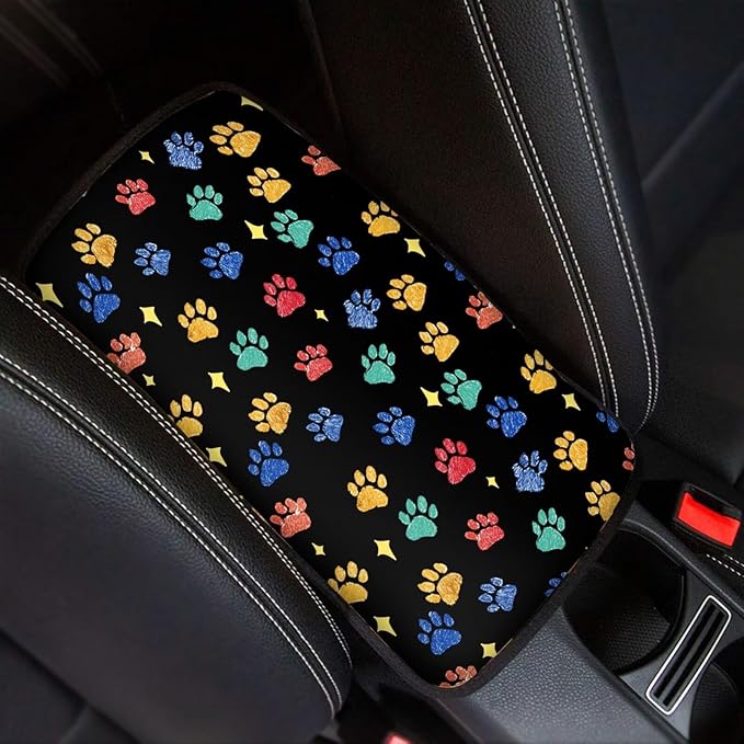 Colorful Dog Paw Print Car Center Console Cushion Pad Protect from Pet Claws Car Center Console Cover Auto Console Armrest Cover Universal Armrest Cover Pad