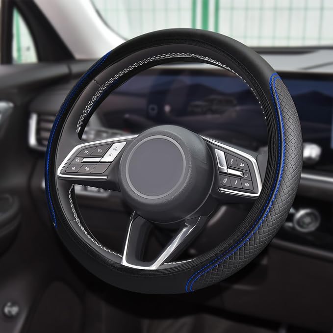 Car Steering Wheel Cover, Universal 14.5-15 Inch Black Leather Steering Wheel Wrap with Better Sport Grip for Men Women, Anti-Slip Breathable Car Interior Accessories for Most Cars (Black with Blue)