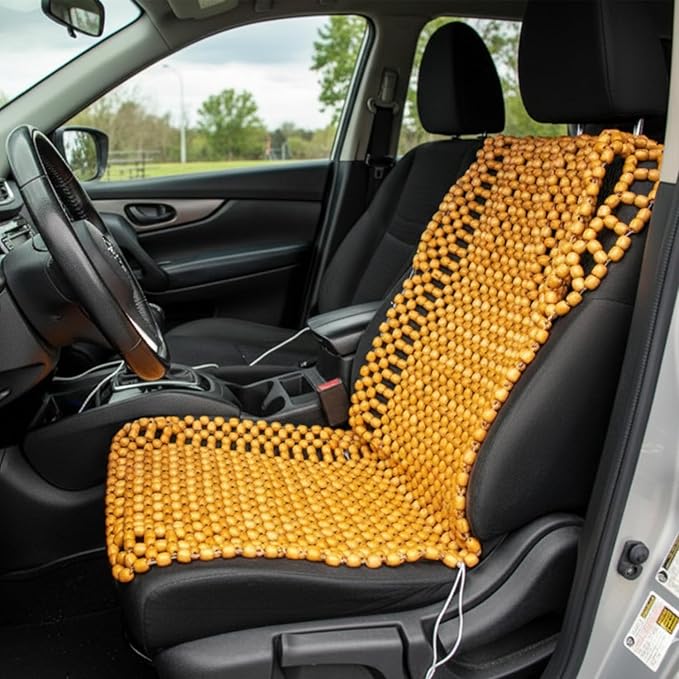 ZONETECH Beaded Car Seat Cover, Cooling Wood Bead Seat Cover, Breathable Semi Truck Seat Covers Massaging, Anti-Sweat and Back Support Features, Double Strung Universal Fit Natural Color 2-Pack