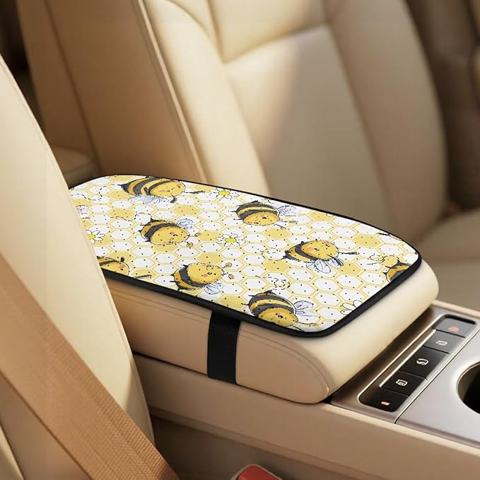 FUSURIRE Universal Yellow Bee Car Interior Accessory Set 5Pcs PU Front Seat Covers, Seat Belt Covers & Center Armrest PadFit for SUV Truck Van Year Round Use