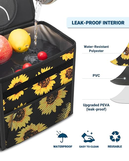 Capolo Car Trash Can with Lid, Leakproof Car Trash Bag Hanging Waterproof Automotive Garbage Can with Storage Pockets Mini Vehicle Trash Bin for Back/Front Seat(Sunflower,3 Gallon)