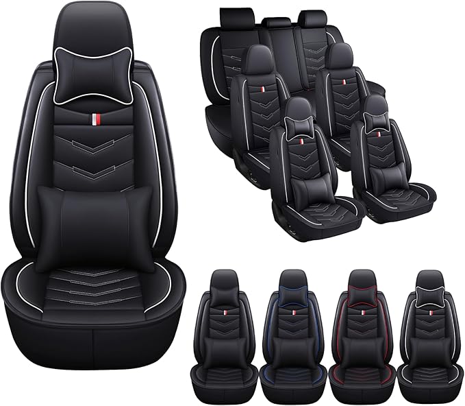 MVRVMV Car Seat Covers for Toyota Highlander 2013-2026, Waterproof & Wear-Resistant Front and Rear Seat Protectors with 2* Neck Pillow and 2* Lumbar Support (7 Seat Luxury, Black-White