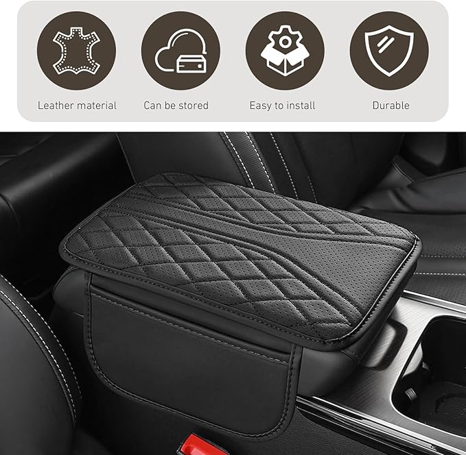 Car Center Console Cover, Leather Arm Rest Cover with Storage Bags, Multi-Functional Armrest Storage Box pad, Universal Interior Accessories for SUV, Sedan, Truck (Black)