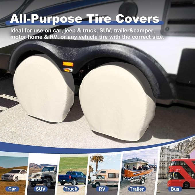 Explore Land Tire Covers 4 Pack - Tough Wheel Protector for Truck, SUV, Trailer, Camper, RV Universal Fits Tire Diameters 35''-38.75'', White