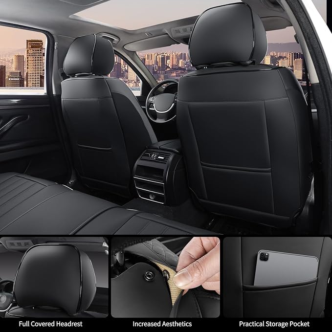 COVER EMPIRE Leather Seat Covers for Cars, 2Pcs Universal Front Automotive Seat Covers, Full Coverage Waterproof Car Seat Covers for Most Trucks, SUVs, Sedans, Luxury Breathable Auto Seat Cover, Black