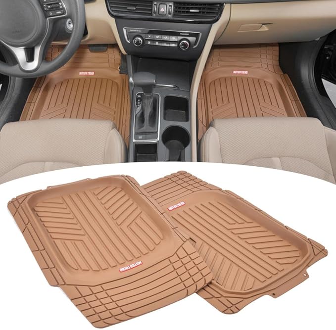 BDK Beige Heavy Duty Front & Rear Rubber Floor Mats Universal Liners for Car SUV Van & Truck, All Weather Protection with Anti-Slip Nibs, Fit Contours of Most Vehicles