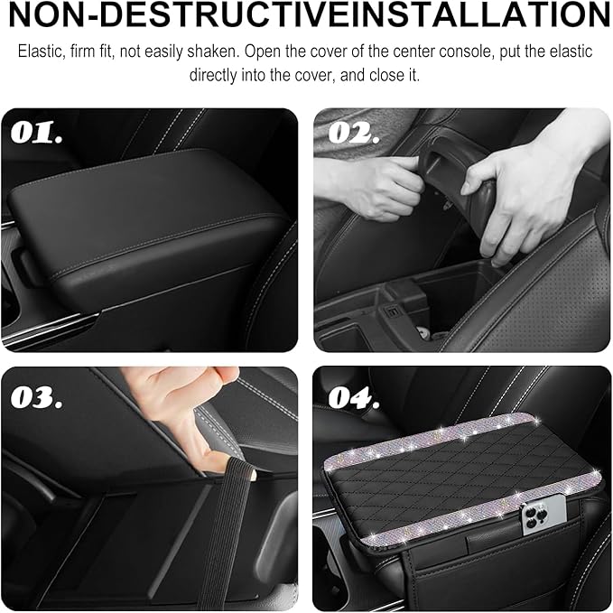 NBTEPEM Bling Car Center Console Cover, Leather Car Arm Rest Cover Cushion with 2 Storage Bags, Universal Auto Armrest Protector Storage Box, Bling Accessories Interior for Most Vehicles (Multicolor)