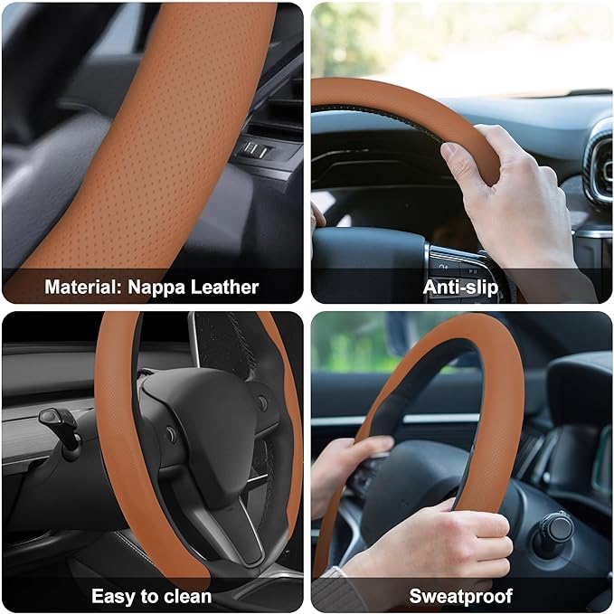 frani Nappa Leather Steering Wheel Cover, Universal 15 Inch Premium Non-Slip Steering Wheel Cover Tan