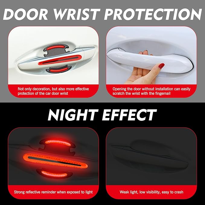 8 PCS Car Door Handle Sticker, Anti-Scratch Reflective Door Handle Protector, Non-Marking Car Handle Paint Guard Sticker, Universal for Sedans Trucks SUVs (Red)