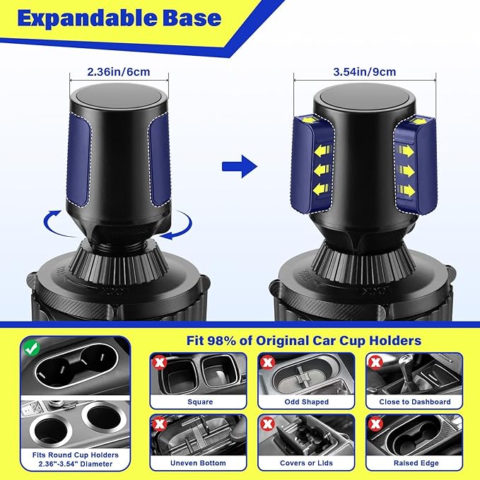 Car Cup Holder Tray - Adjustable Car Cup Holder Phone Mount with Food Tray 5 in 1 Swivel Expander for All Purpose, Automotive Extender Accessories Gifts for Auto Trucker Road Trip