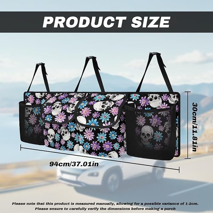 Trunk Hanging Organizer, Backseat Bag, Car Interior Accessories Decoration with Pocket for Groceries, Provide Storage Space for SUV, Jeep, MPVs,Black Skull Floral Punk