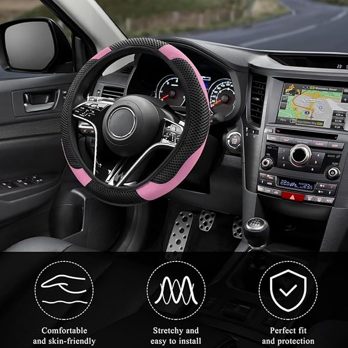 Elastic Stretch Steering Wheel Cover, Warm in Winter and Cool in Summer, Universal 15 inch Microfiber Breathable Ice Silk Anti Slip Car Interior Accessories, Odorless, (Black Pink)