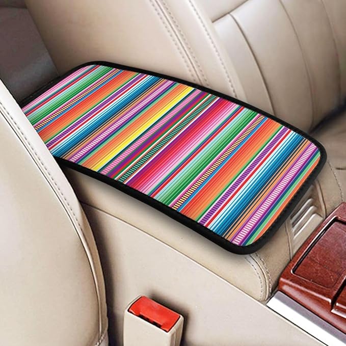 DORKEIXIA Mexican Blanket Serape Stripe Pattern Colorful Auto Center Console Armrest Pad Universal Car Center Console Cover Seat Box Cover for Sedan, Van, SUV, Truck Car Accessorie