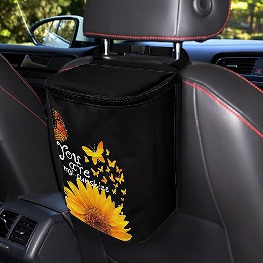 Sunflower Butterfly Print Car Trash Can with Lid, Auto Garbage Bin Leak-Proof Automotive Garbage Can Multipurpose Foldable Organizer Hanging Bag for Automotive SUV Trunk