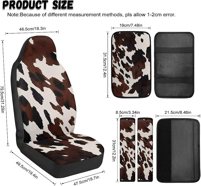 Qeluxign Cow Print PU Leather Car Seat Cover Set of 5 Auto Accessories 2 Front Bucket Seat Covers, 2 Seatbelt Pads & 1 Armrest Cover, Easy to Install