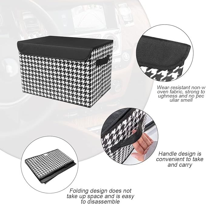 Car Cargo Trunk Storage Box with Lid, Houndstooth Pattern Large Capacity Collapsible Storage Organizer With Cover, Non-slip Bottom Carrying Handles, Fit All Cars (Black/White)