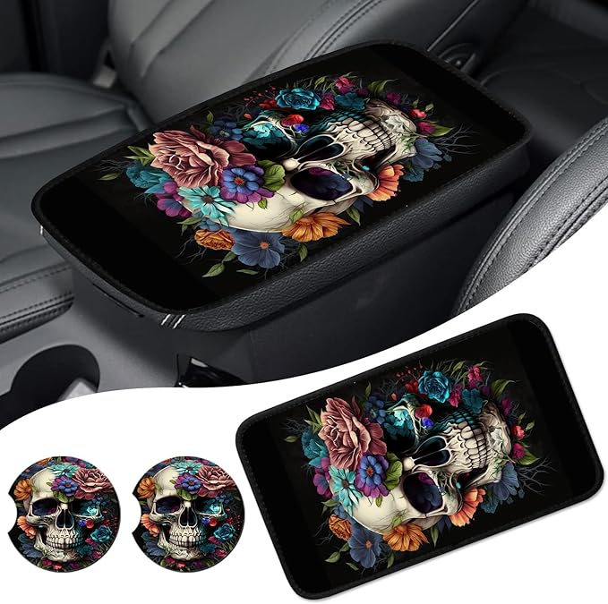 Auto Center Console Cover Arm Rest Cover for Car Truck,Universal Waterproof Car Armrest Cover Pad Middle Console Storage Box Covering Protector+Car Coasters-Skull Flower