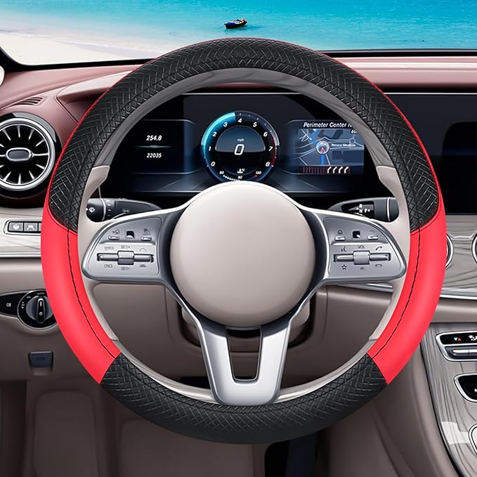 Black & Red Car Steering Wheel Cover, Microfiber, Leather Patchwork, Universal 14.5-15 Inch Leather Anti-Slip Breathable Auto Steering Wheel Covers for Men Women