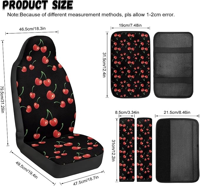 Qeluxign Cherry 5-Piece Car Accessories Set Universal Fit PU Leather Seat Covers Seatbelt Pads and Armrest Cover for Cars, Trucks, SUVs