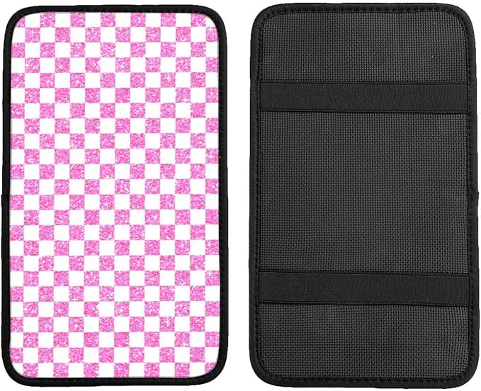 Glitter Pink White Checkered Chessboard Flag (2) Car Armrest Pad Cute Cars Center Console Cover Auto Handrail Box Cushion Armrests Cover
