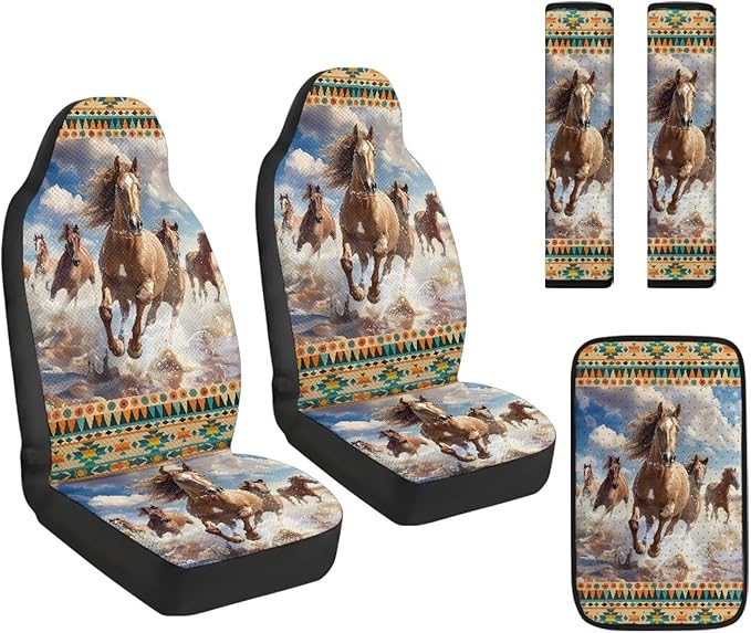 FUSURIRE Car Seat Covers Aztec Horse Print PU Front Seat Covers, Seat Belt Covers & Center Armrest Pad Universal Fit Interior Accessories for Cars Trucks and SUVs