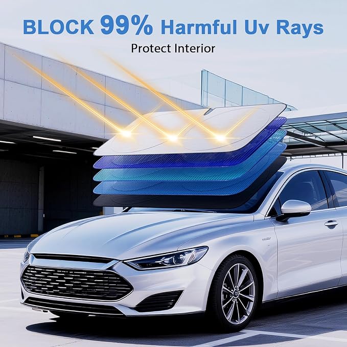 PEMOTech Windshield Sun Shade with Storage Pouch | 6X Thickened Coating | Overlapping Sun Shade for Car Windshield | Blocks 99% Sunburn & Keeps Interior Cool | Rear View Mirror Compatible (64''x32'')