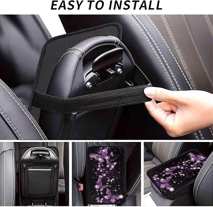 Car Auto Center Console Pad Purple Butterfly Print Universal Armrest Seat Box Cover Glitter Star Car Interior Accessories Polyester Auto Armrest Cover Protector for Most Vehicle, SUV, Truck