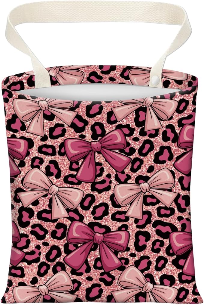 Cute Car Trash Can, Hanging Canvas Car Back Seat Organizer and Storage Bag, Funny Car Trash Bag for Travelling, Outdoor Cute Pink Leopard Bow