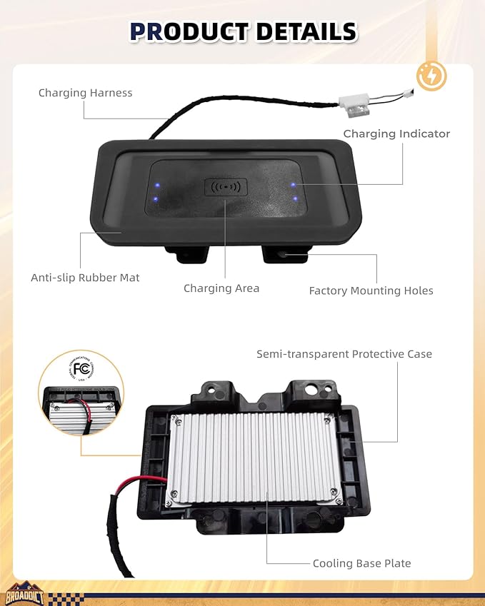 20W Wireless Charging Pad fit for Ford Bronco 2021 2022 2023 2024 2025 2/4-Door Console Wireless Charger Fit for Bronco Accessories Metal Heat Dissipation Without Noise