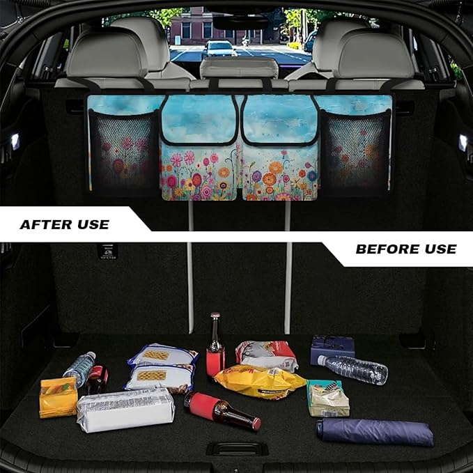 Hanging Trunk Organizer for Car Women Oxford Cloth Car Organization Accessories with 4 Pocekt Reusable Car Back Seat Organizer for SUV/MPV/Truck, Machine Washable, Cute Flowers Blue