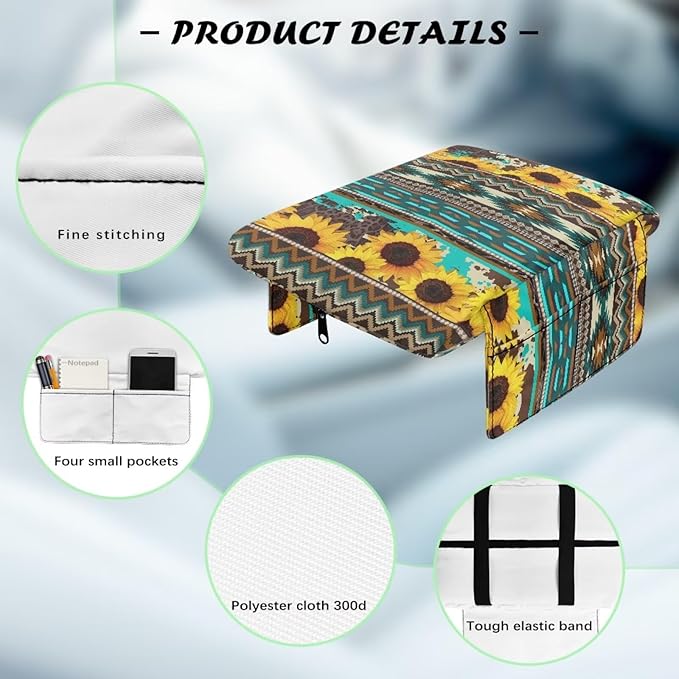 Dreaweet Sunflower Aztec Arm Rest Cover for Car Women Thick Center Console Armrest Pad with Pockets Car Armrest Storage Box Mat Universal Console Covers for SUV Trucks