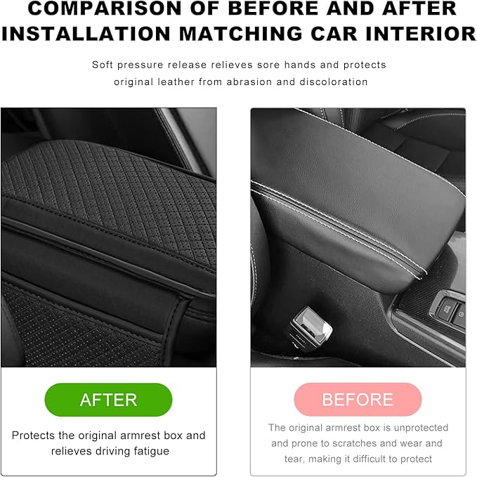 Car Center Console Cover, Microfiber Leather Armrest Cover Cushion with 2 Storage Bags, Anti-Scratch Middle Console Protector Interior Accessories for Most Cars SUVs Trucks (Black)