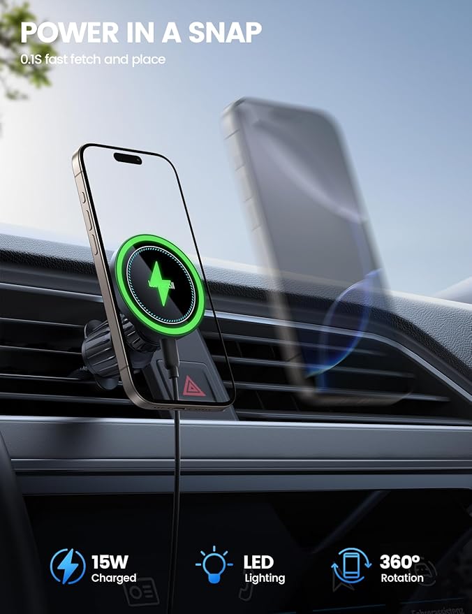 Lamicall for MagSafe Car Mount Charger - [2025 Ultra Magnet] 15W Wireless Car Phone Holder Charger - HandsFree Magnetic Phone Holders for Your Car Vent for iPhone 17 16 15 14 13 Pro Max Mag Safe Case