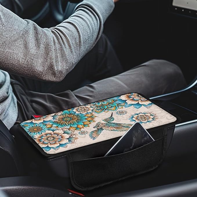 BIGCARJOB Hummingbird Lotus Armrest Cover for Car Center Console Auto Interior Accessories Boho Lotus Center Console Armrest Pads Car Armrest Seat Box Cover Cushion,Universal Fit