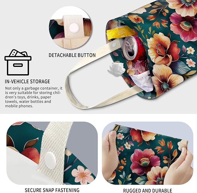 Cute Car Trash Can, Hanging Canvas Car Back Seat Organizer and Storage Bag, Funny Car Trash Bag for Travelling, Outdoor Colorful Flower