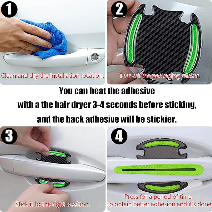 8Pcs Car Door Handle Protector Reflective Sticker,3D Carbon Fiber Universal Door Handle Scratch Protector Cover,Self-Adhesive & Non-Marking,Paint Guard Protective Films (Green)