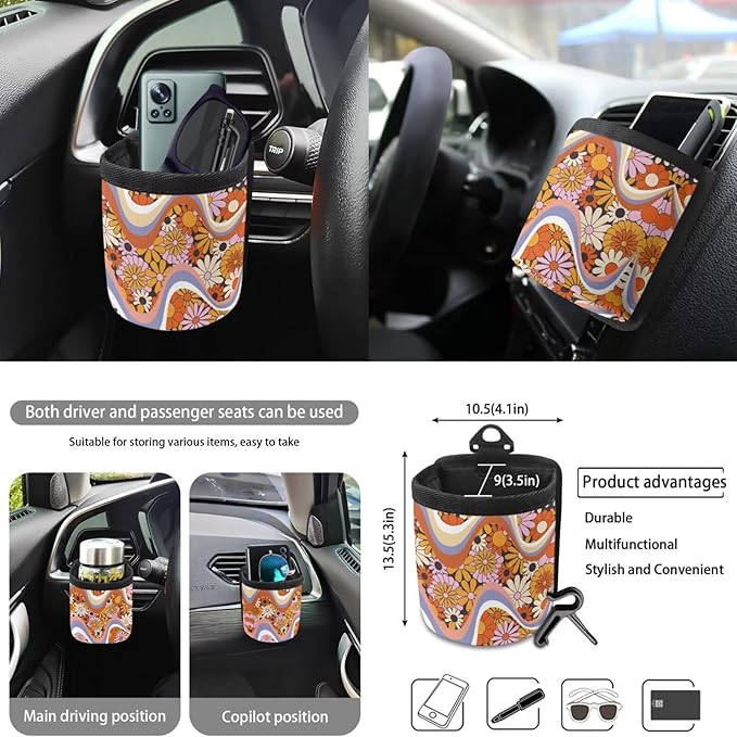 10 PCS Car Interior Accessories Sets for Women, Daisy Stripe Printed Comfortable Breathable Car Front and Back Seat Protector with Steering Wheel Cover Trash Can Coaster, Universal Fits