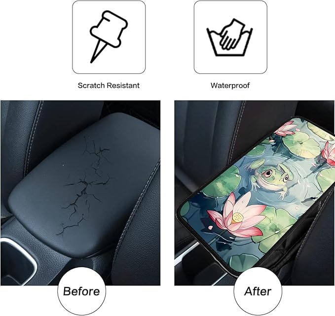 JANENFNA Car Armrest Cover Pads Universal Fashion Cute Auto Center Console Armrest Cover Pad with 2PCS Car Coasters Soft Waterproof Car Armrest Seat Protector for Women,Cute Frog in Pond