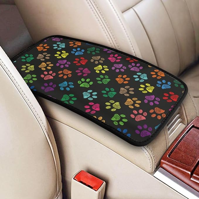 DORKEIXIA Dog Paw Prints Rainbow Colorful Foot Prints Auto Center Console Armrest Pad Universal Car Center Console Cover Seat Box Cover for Sedan, Van, SUV, Truck Car Accessorie